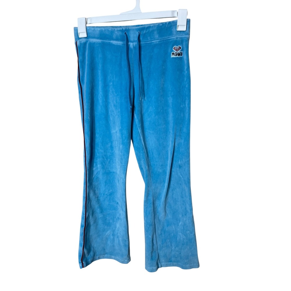 Roxy Girl Velour Track Pants Youth Size L/G Blue Y2K Flare Leg Drawstring Lounge